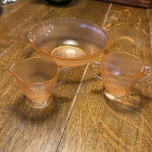 Depression Glass “Homespun” Pink Creamer, Sugar & Fruit-bowl By Jeanette